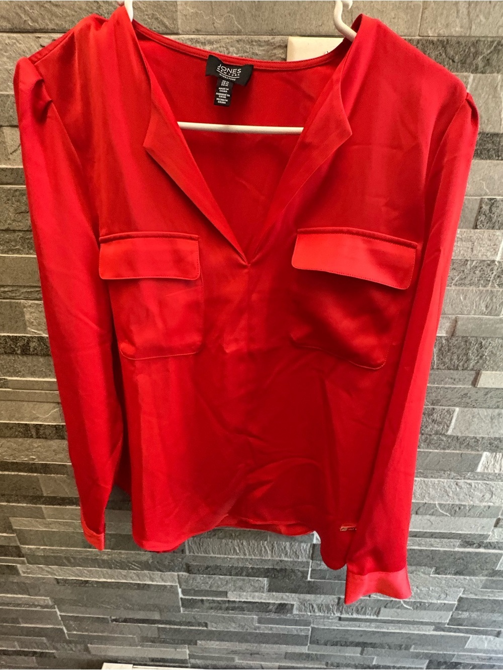 Jones New York Bright Red V-Neck Long Sleeve Blouse with Chest Flaps